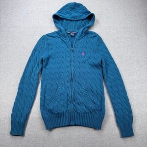 VTG Y2K Ralph Lauren Cable Knit Hoodie Sweater Womens M Teal Full Zip Polo Pony